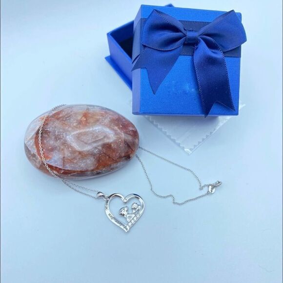 I Love You Mom African Mongoose Sterling Silver Cz Heart Necklace - Picture 2 of 4